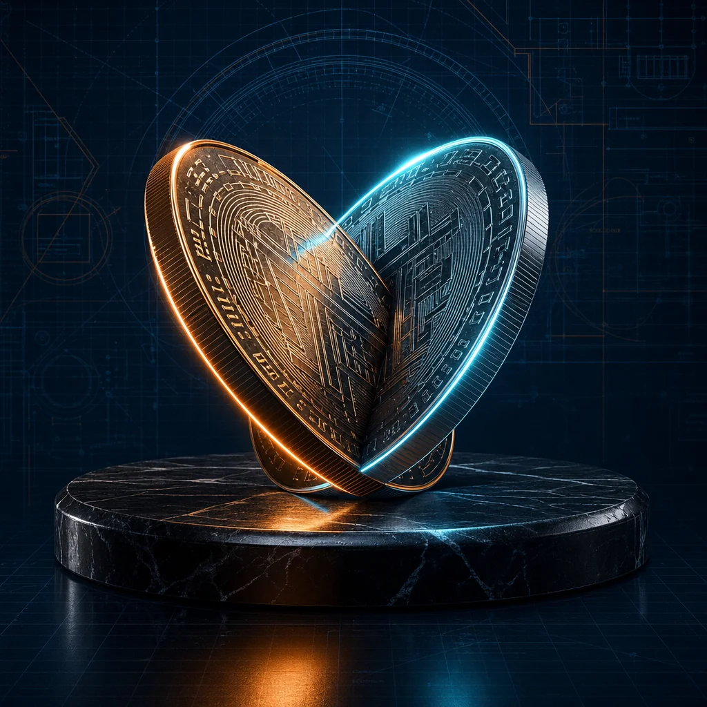 Geometric crypto coins arranged as blueprint blackjack chips